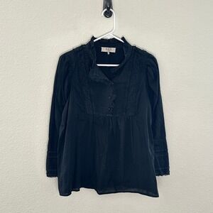 Sea New York Pintuck Ruffle Blouse Women Size 8 Black Long Sleeve Cotton